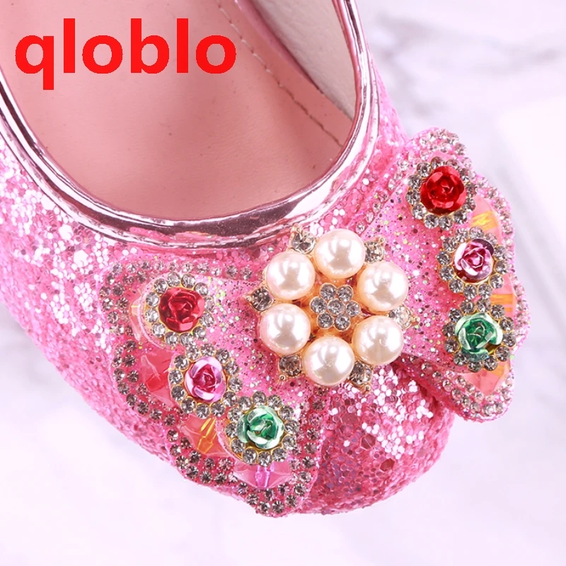 

Spring Kids Girls Shoes High Heels Party Sequined Blue Pink Sandals Children Girls Shoes