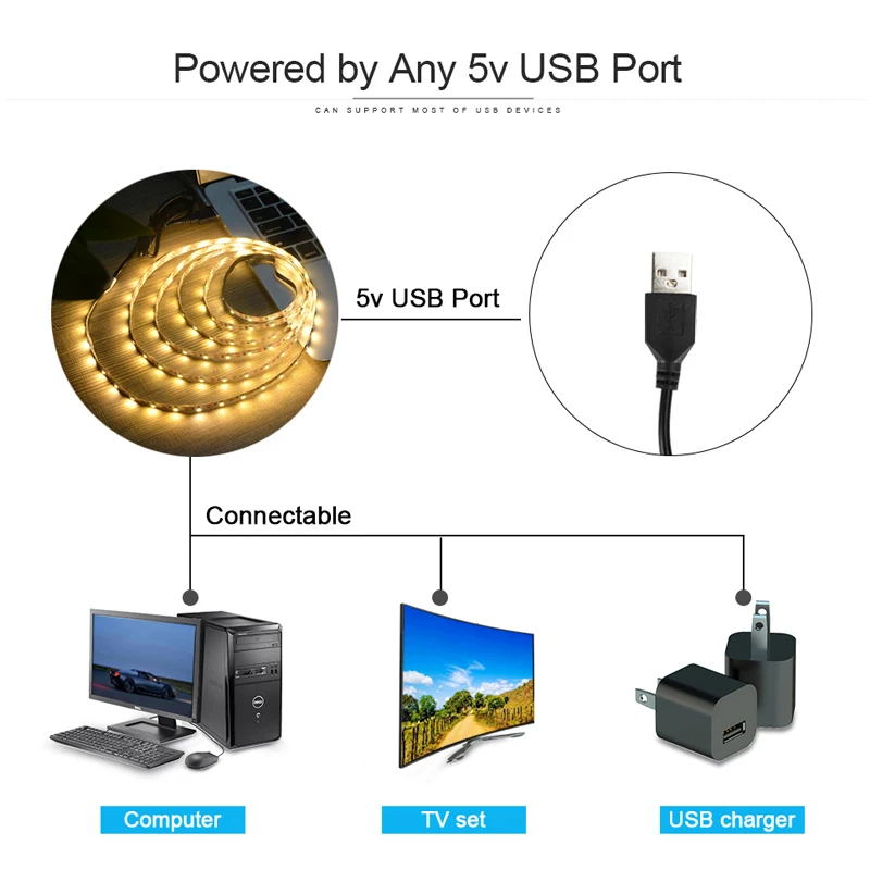 USB Светодиодные ленты ТВ Подсветка лента светодиодный гибкий Диодная лента SMD3528 DC 5V Светодиодный светильник ленте 50 см 1 м 2 м 3 м 4 м 5 м RGB светодиодный полосы для ПК