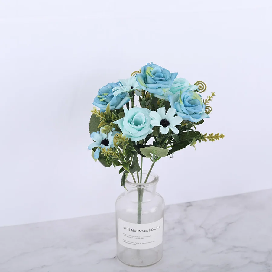 blue flower Маленькие искусственные розы, шелковые цветы, красные свадебные искусственные цветы для дома, гостиной, украшения, искусственные розы, ремесленные цветы, высокое качество - Цвет: blue flower
