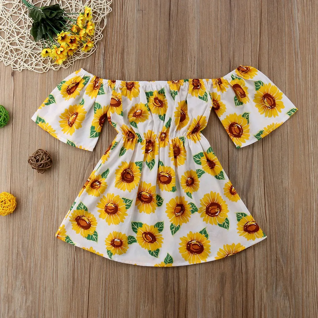 Children Kids Baby Girls Sleeveless Off Shoulder Sunflower Print Floral Dress Infant Outfit Vestido Menia Bohemian Dresses | Детская
