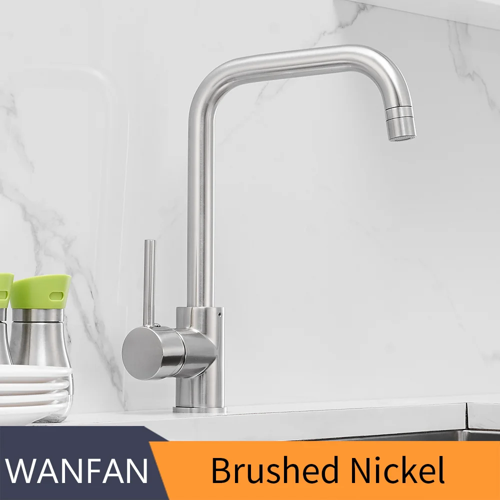 Brushed Nickel Смесители для кухни, латунный кран для кухонной раковины и воды, вращающийся на 360 кран, смеситель с одним держателем и одним отверстием, черный смеситель 866037 - Цвет: Brushed Nickel