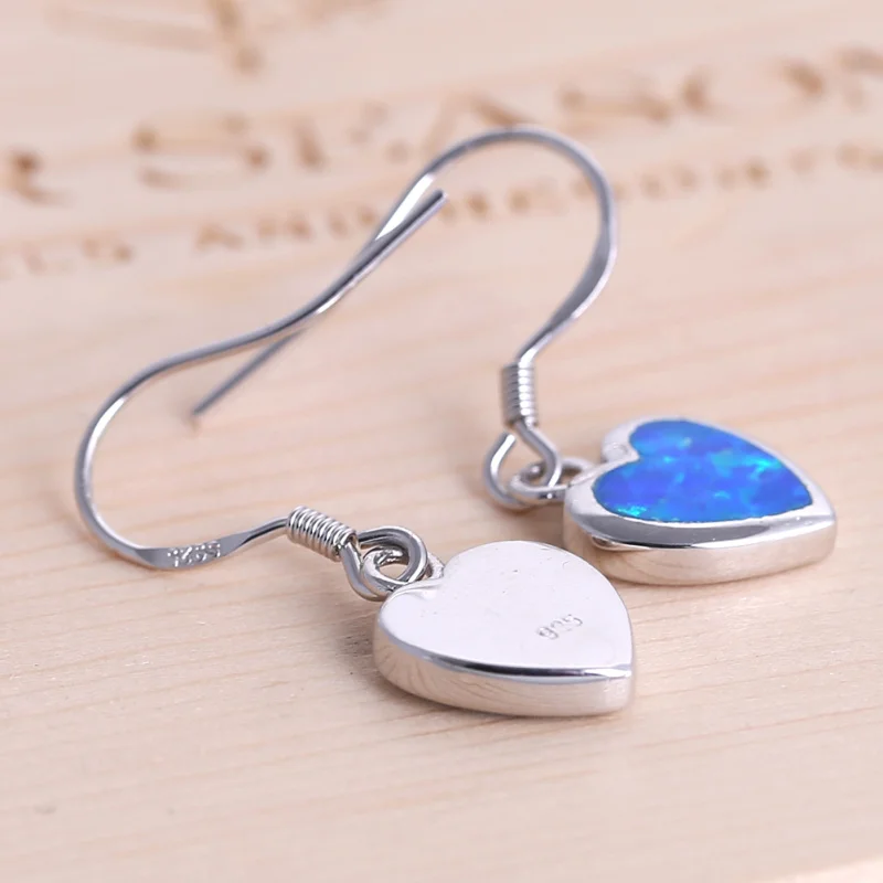 Anniversary Fire Blue opal heart shape drop Earrings 925 sterling silver jewelry for girl SE006A | Украшения и аксессуары