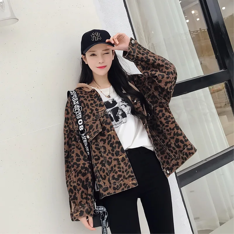 

To film in the spring of 2019 with hooded jacket new cowboy girl SuFeng loose leopard print jacket