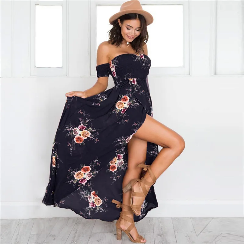 HiloRill Boho Стиль Летнее Длинное Платье женское сексуальное с открытыми плечами