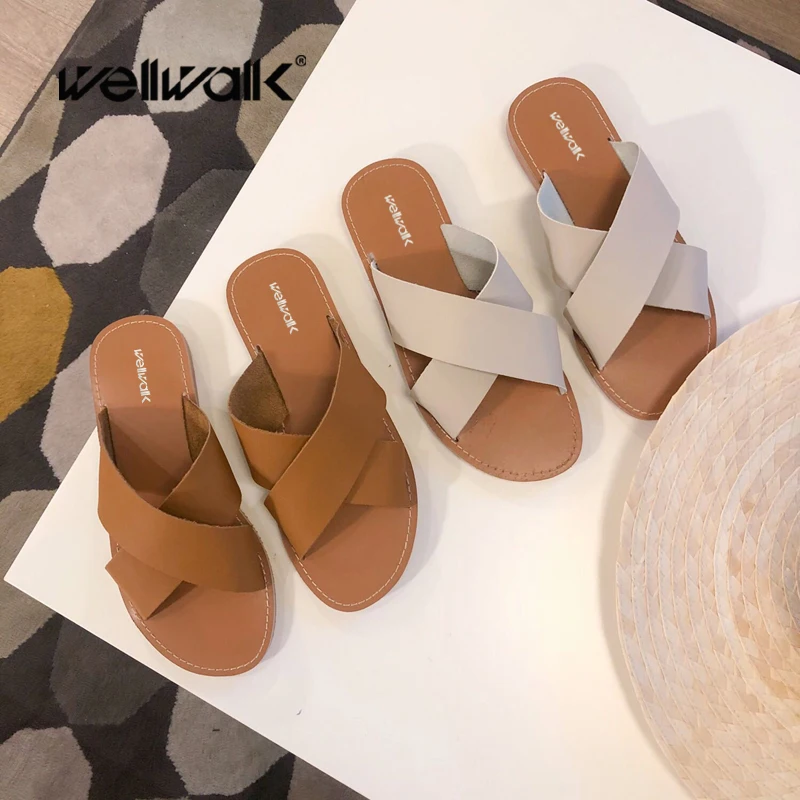 Wellwalk/женские кожаные Тапочки из кожзаменителей с круглым носком женские