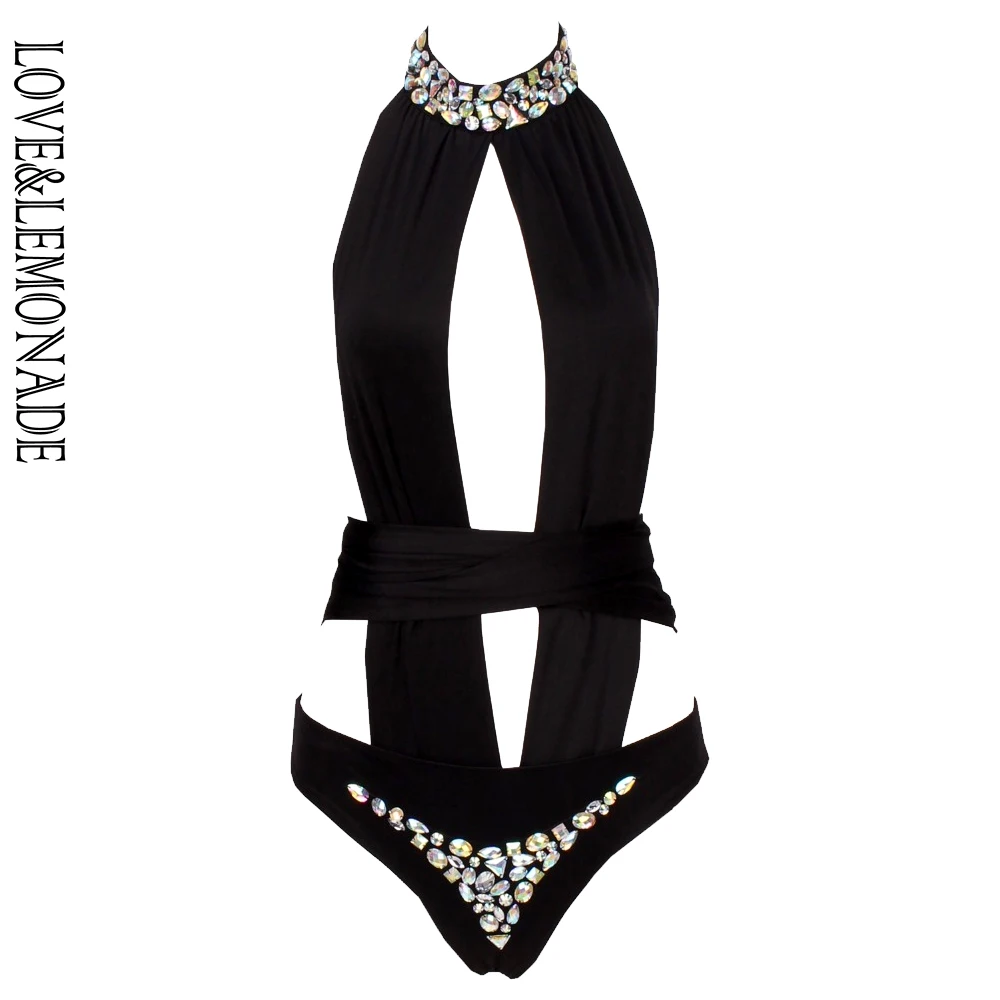 Боди LOVE & LEMONADE с регулируемыми бретелями и бусинами черный/синий TB 9315|bodysuit black|strap