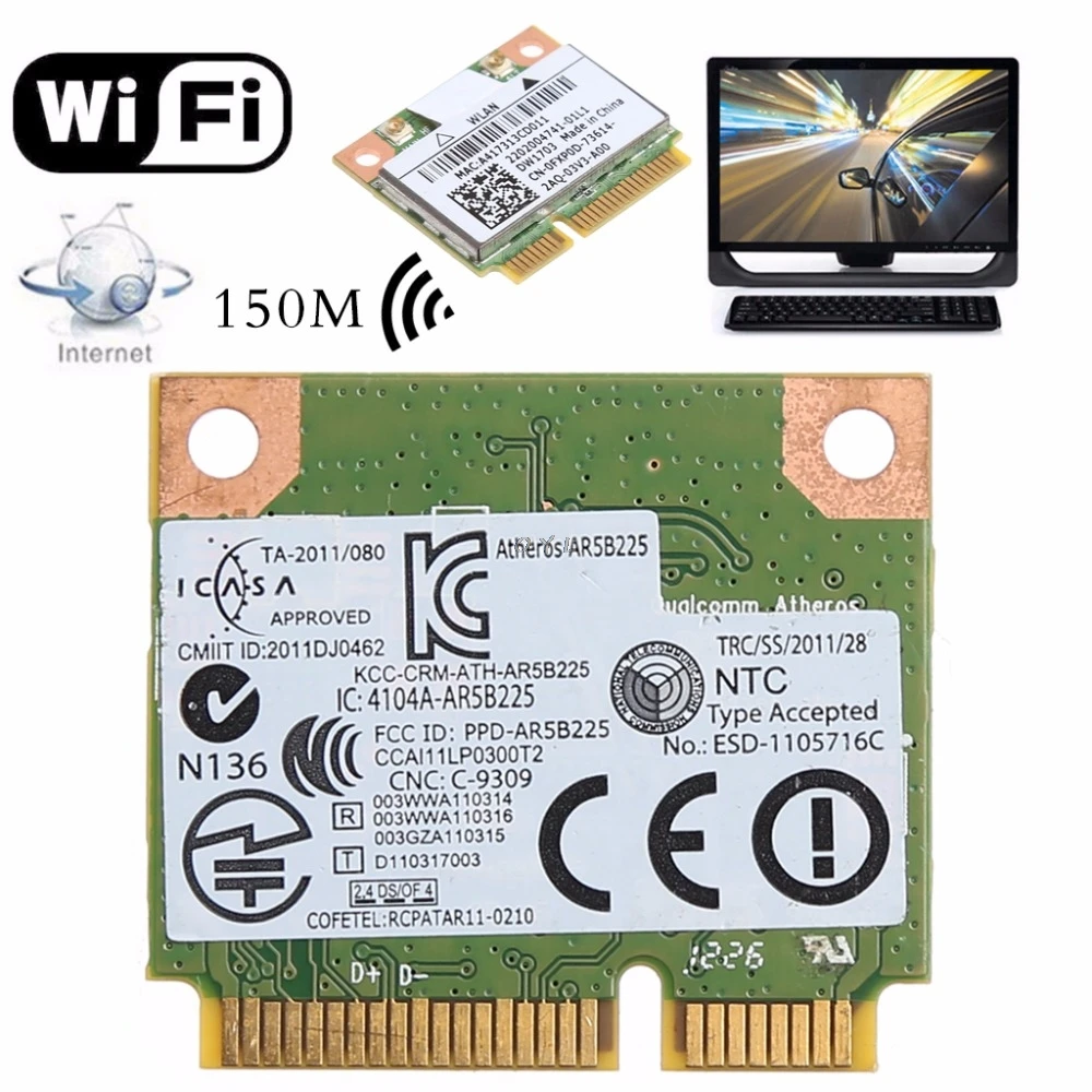 Беспроводная мини карта PCI Express Bluetooth V4.0 Wi Fi для Atheros AR5B225 DELL DW1703 CN 0FXP0D|Сетевые карты|