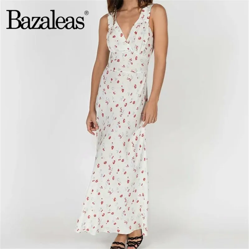 Bazaleas Vintage V Neck women dress white floral print vestidos Ankle length waisted slip summer Dress drop shipping | Женская одежда
