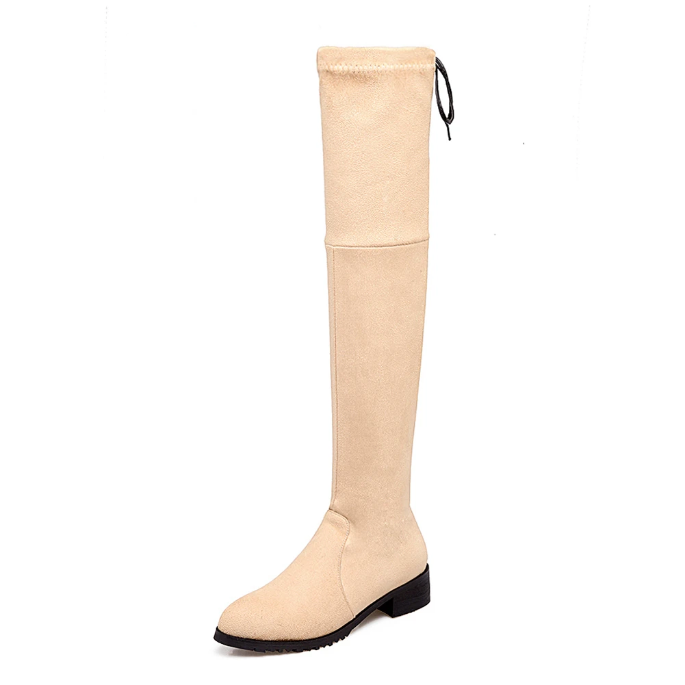 apricot 1 thin fur BONJOMARISA/ г. Новые Элегантные Осенние ботфорты, Размеры 33-46 пикантные женские высокие сапоги из флока женская обувь на низком каблуке - Цвет: apricot 1 thin fur