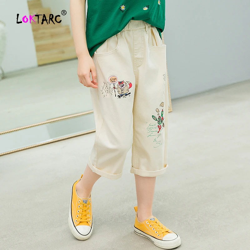 LOKTARC/весенне летние брюки Капри Для девочек свободные с эластичной резинкой на