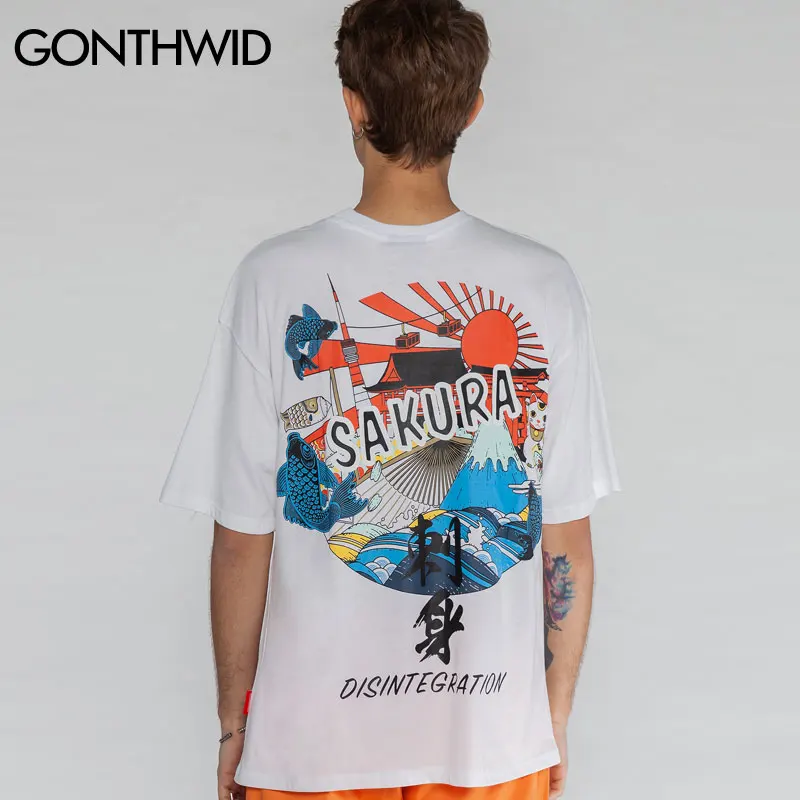 GONTHWID японский стиль Ukiyo E печатных футболки с коротким рукавом 2019 Harajuku