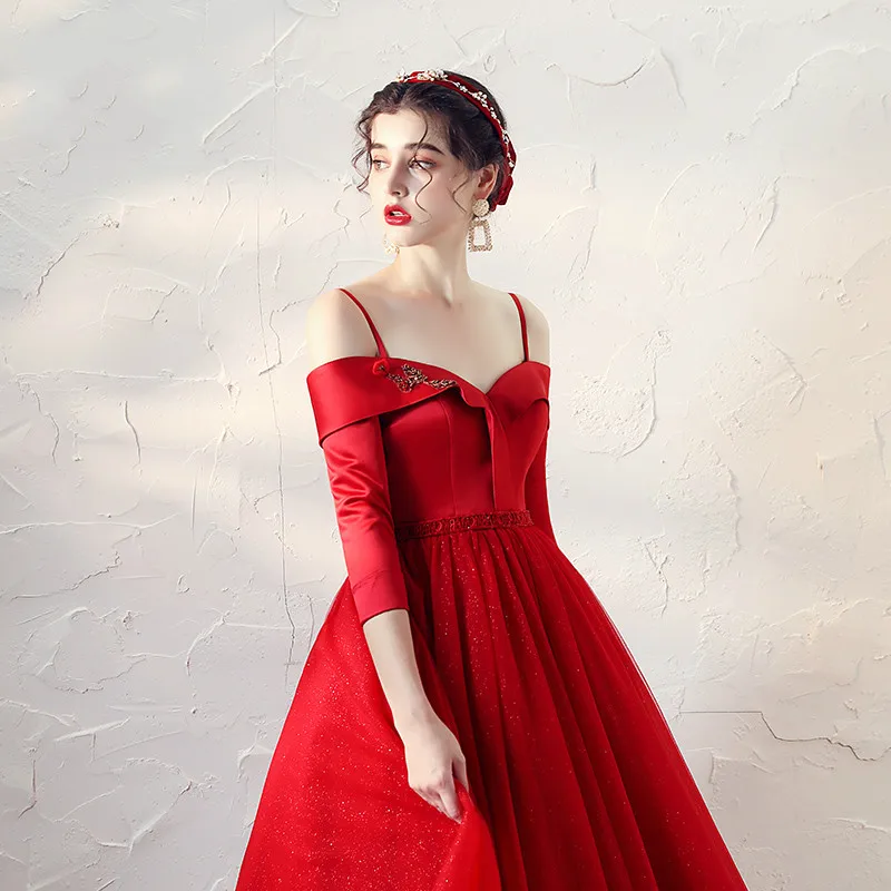 SSYfashion/новое простое красное сатиновое коктейльное платье с вырезом лодочкой, на бретелях, с рукавами 3/4, со шнуровкой сзади, длиной до середины икры, Короткие Официальные Вечерние платья