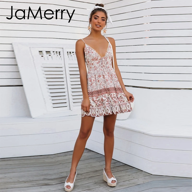 JaMerry Boho женское мини платье с принтом летнее праздничное на тонких бретельках
