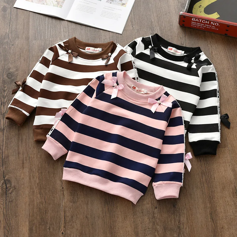 BibiCola Autumn Winter Baby Girl Sweatshirts Long-sleeve Warm T-shirt Children Girls Casual Striped Thick Tops Outerwear Clothes | Детская