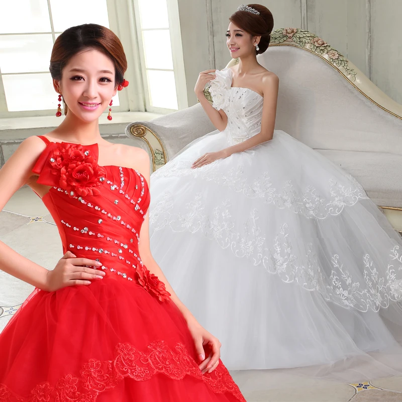 2017 new stock plus size women pregnant bridal gown wedding dress ball gown red white satin diamond sexy bling korea cheap 237