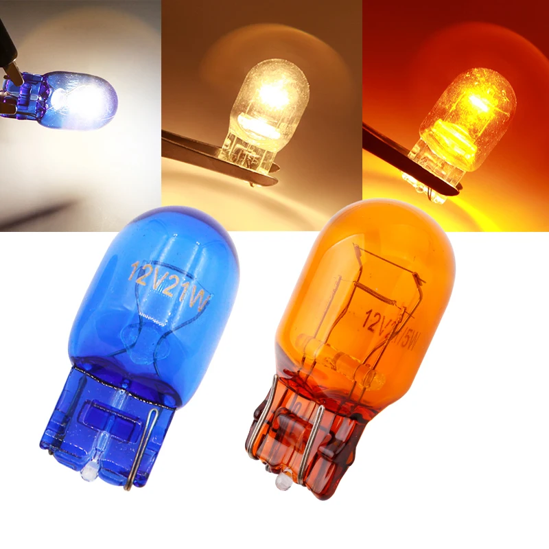 LYMOYO, 2 шт., T20, 7443, 7440, 12 В, 16 Вт, гасветильник для автомобиля, галогеновая лампа, теплый белый, поворотный светильник автоматический, из натурального стекла, синий, 5000K