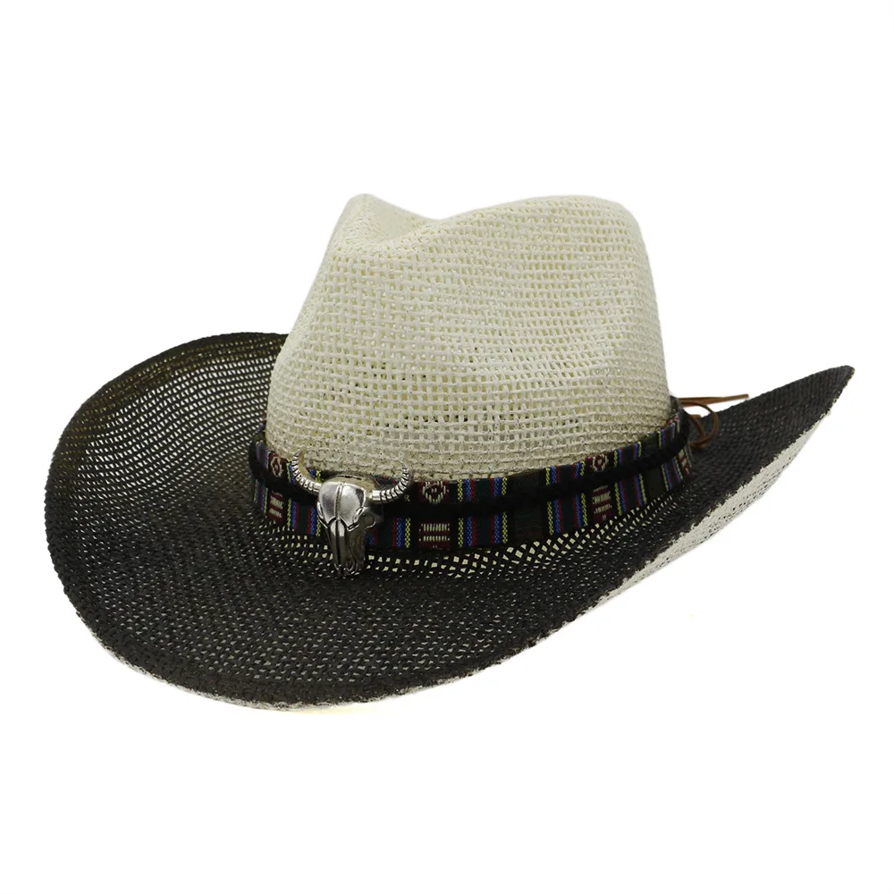 

Black Paint Spraying Large Brim Cowboy Hats Summer Men Women Paper Sun Protection Hat Panama Beach Straw Cap Holiday Sunhat