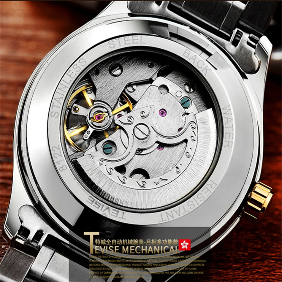 Брендовые часы, мужские роскошные часы TEVISE Tourbillon, автоматические механические часы, водонепроницаемые, с фазой Луны, стальные мужские наручные часы, мужские часы