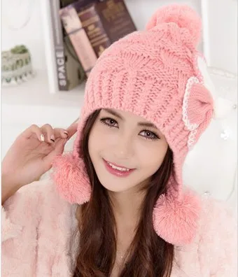 Брендовые зимние Skullies женские вязаные шерстяные Цветочные шапочки с наушниками шляпы зимние шапки розовые вязаные женские шляпа с бантиком CP047 - Цвет: Розовый