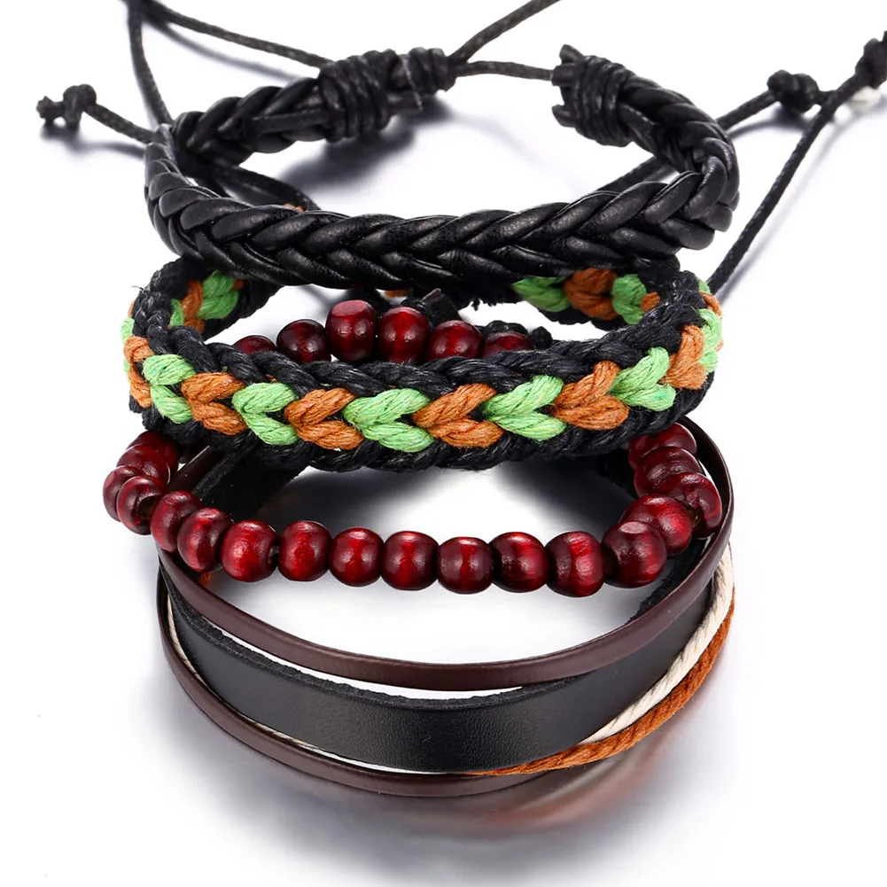 4 Pcs/Set Men Multilayer Adjustable Wood Beads Bracelets Leather Braided Bangle M8694 | Украшения и аксессуары