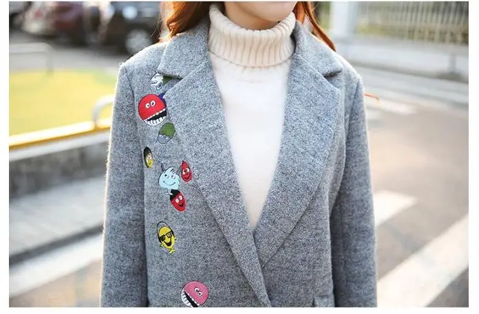Женское однобортное шерстяное пальто с отложным воротником и вышивкой|embroidery