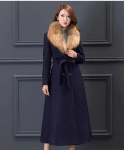 Dark blue Классическое пальто осень зима новое тонкое дамское пальто большой размер меховой воротник шерстяные пальто двубортное длинное дамское кашемировое пальто 3XL - Цвет: Dark blue