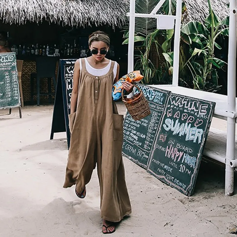 

SuperAen Spring and Summer New 2021 Women Cotton and Line Pockets Loose Pluz Size Casual Wild Sleeveless Jumpsuits