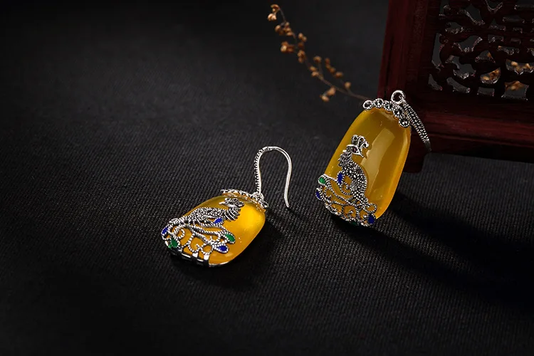 Jinwateryu, 925 пробы, silve earringsr, для женщин, девочек, висячие серьги с желтым камнем, халцедон и кубический циркон, серьги