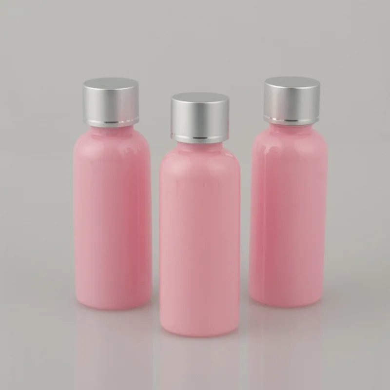 

5 шт., 50 мл, розовая пластиковая бутылка, круглая бутылка для плеча, анодированная алюминиевая крышка с внутренней вилкой, эмульсионная бутылка, оптовая продажа BQ122