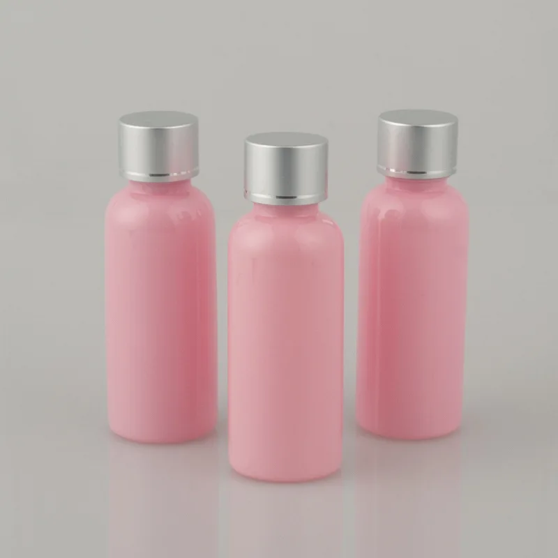 

5pcs 50ml pink plastic bottle Round shoulder bottle Anodized aluminum cover with inner plug Emulsion Sub-bottle wholesale BQ122
