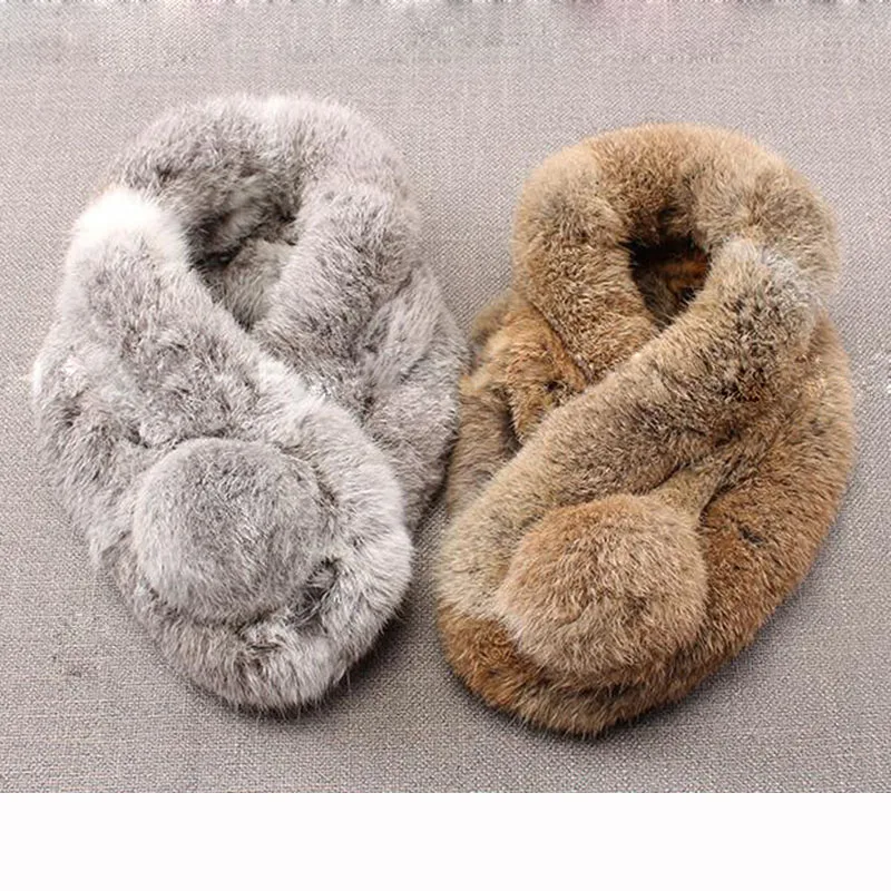 Шарф с помпоном из натурального кроличьего меха женские зимние теплые толстые