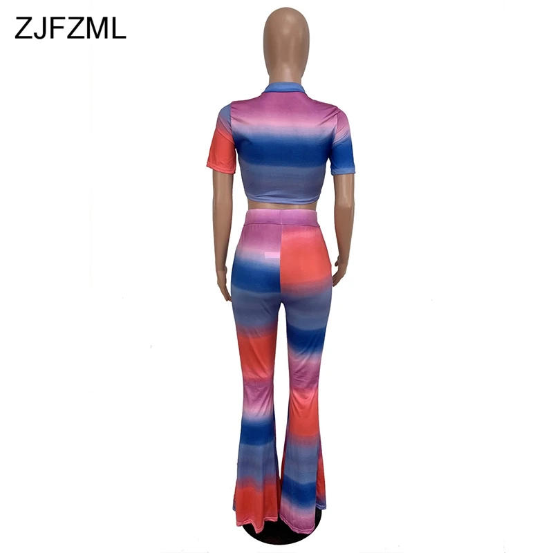 

Gradient Color Sexy 2 Piece Matching Sets Women Clothes O Neck Short Sleeve Crop Top And Flare Pants Summer Two Pcs Club Outfit
