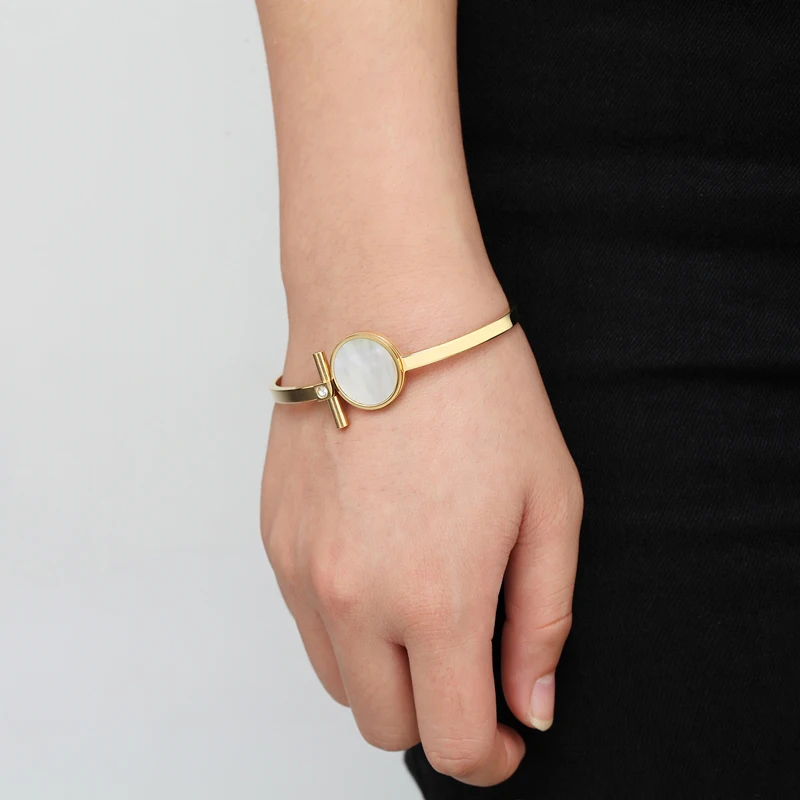 Stainless Steel Spring Open Love Jewelry for Women - Bangle featuring a Big Circle Shell and Enamel Design image 5