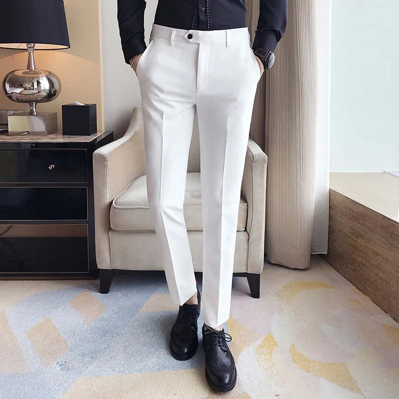 

Новинка 2021, мужские костюмные брюки, однотонные повседневные деловые строгие брюки, облегающие строгие брюки, качественные мужские классич...