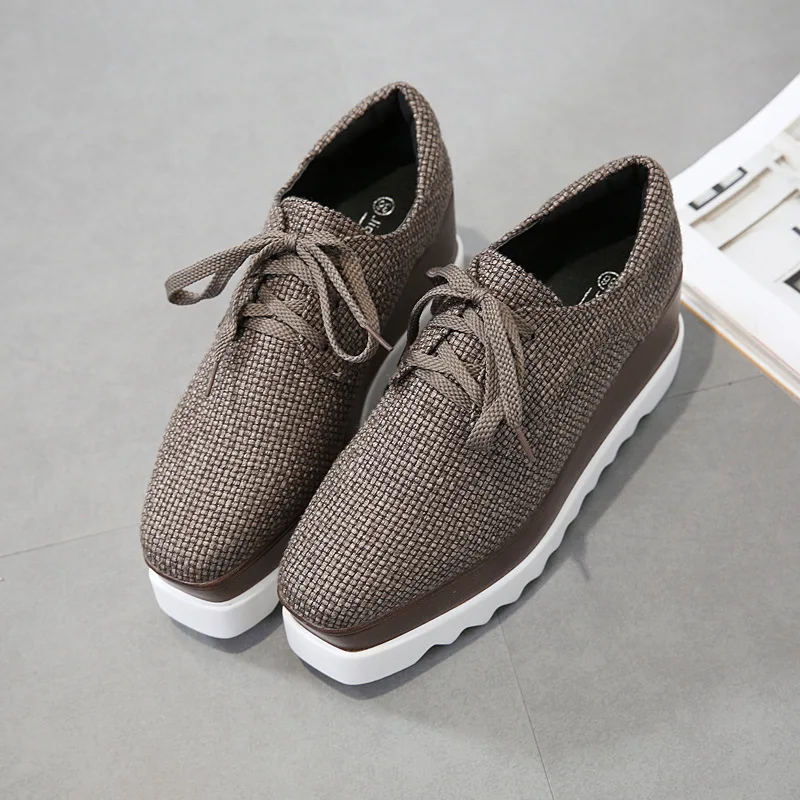 Парусиновая обувь на толстых каблуках женская танкетке с перекрестными