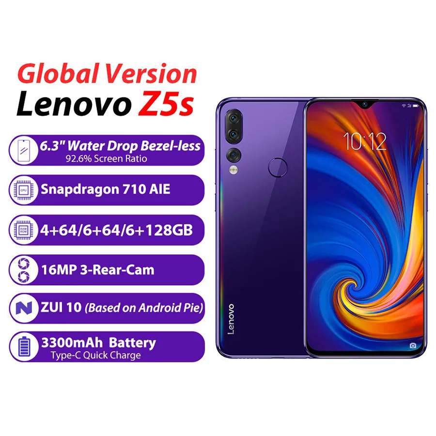 Глобальная версия lenovo Z5s 4 Гб 64 Гб Смартфон Восьмиядерный 16 Мп+ 8 Мп+ 5 Мп Тройная задняя камера ZUI 10 отпечаток пальца 4G LTE мобильный телефон