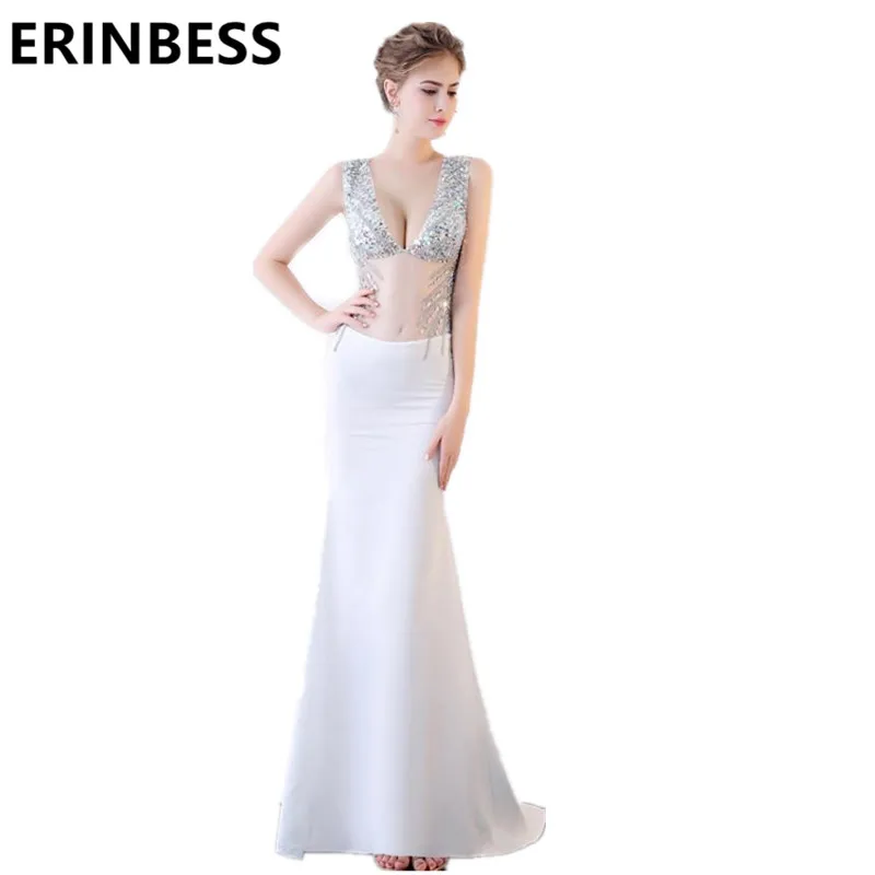 

Vestido De Festa White Mermaid See Through Evening Dresses V Neck Sequined Beaded Long Floor Length Party Gowns