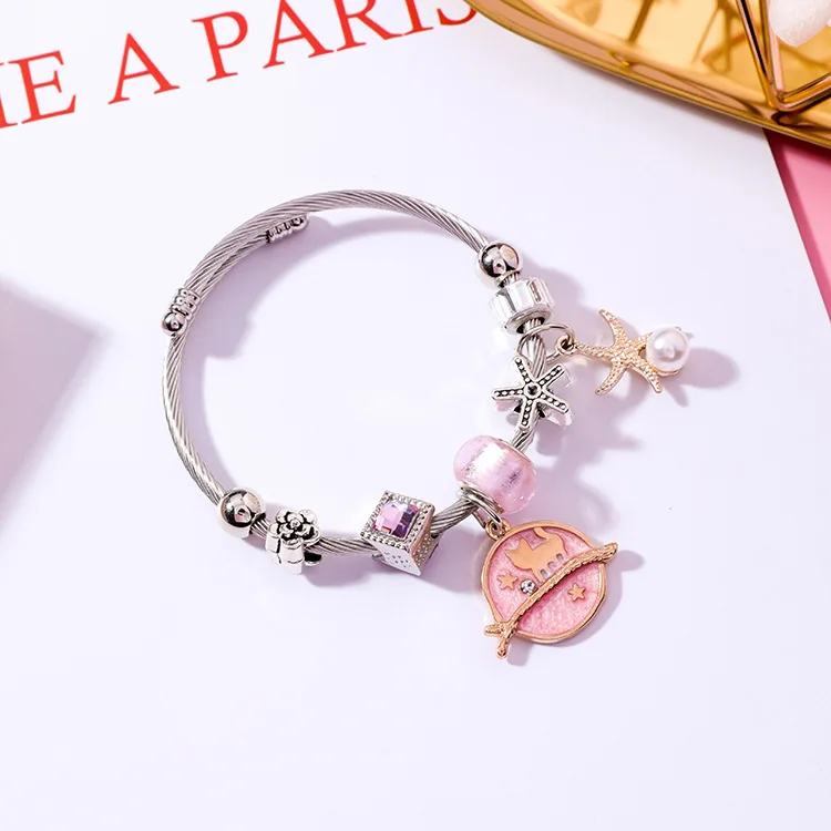 Japan Korea DIY Stainless Steel Adjustable Cat Starfish Pendant Bracelets Crystal Beads Bracelet Bangle for Women Jewelry Gift | Украшения