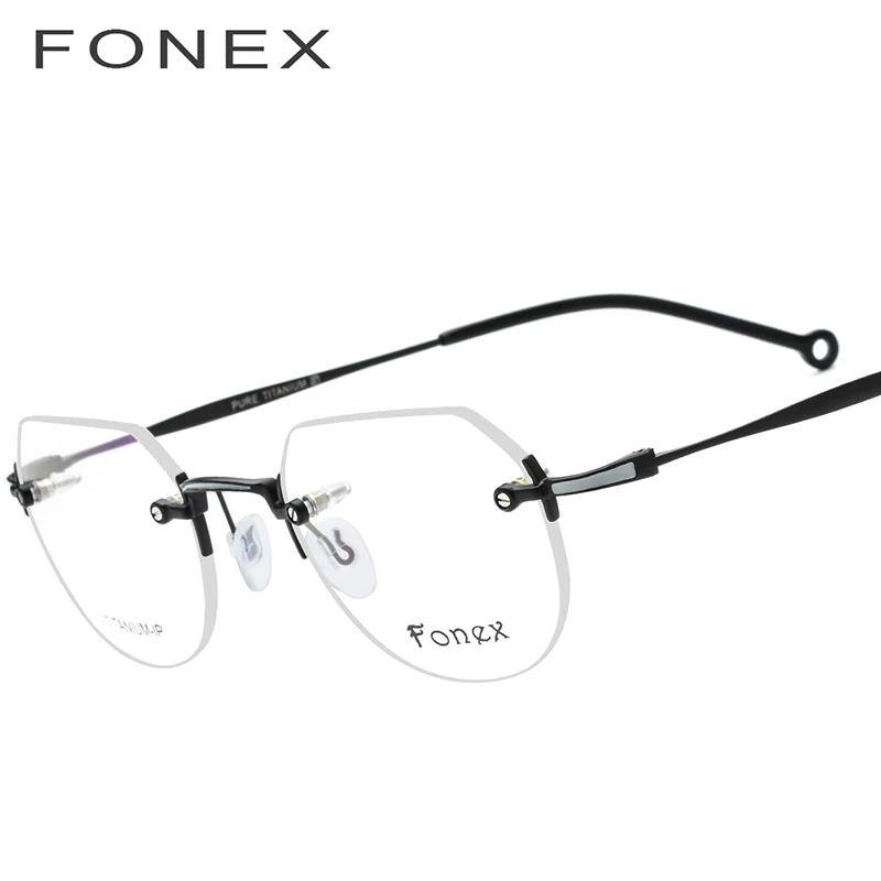 FONEX из чистого титана без оправы очки для мужчин по рецепту сверхлегкие полигоновые очки оправа для женщин Близорукость Оптические очки 9142 - Цвет оправы: Черный