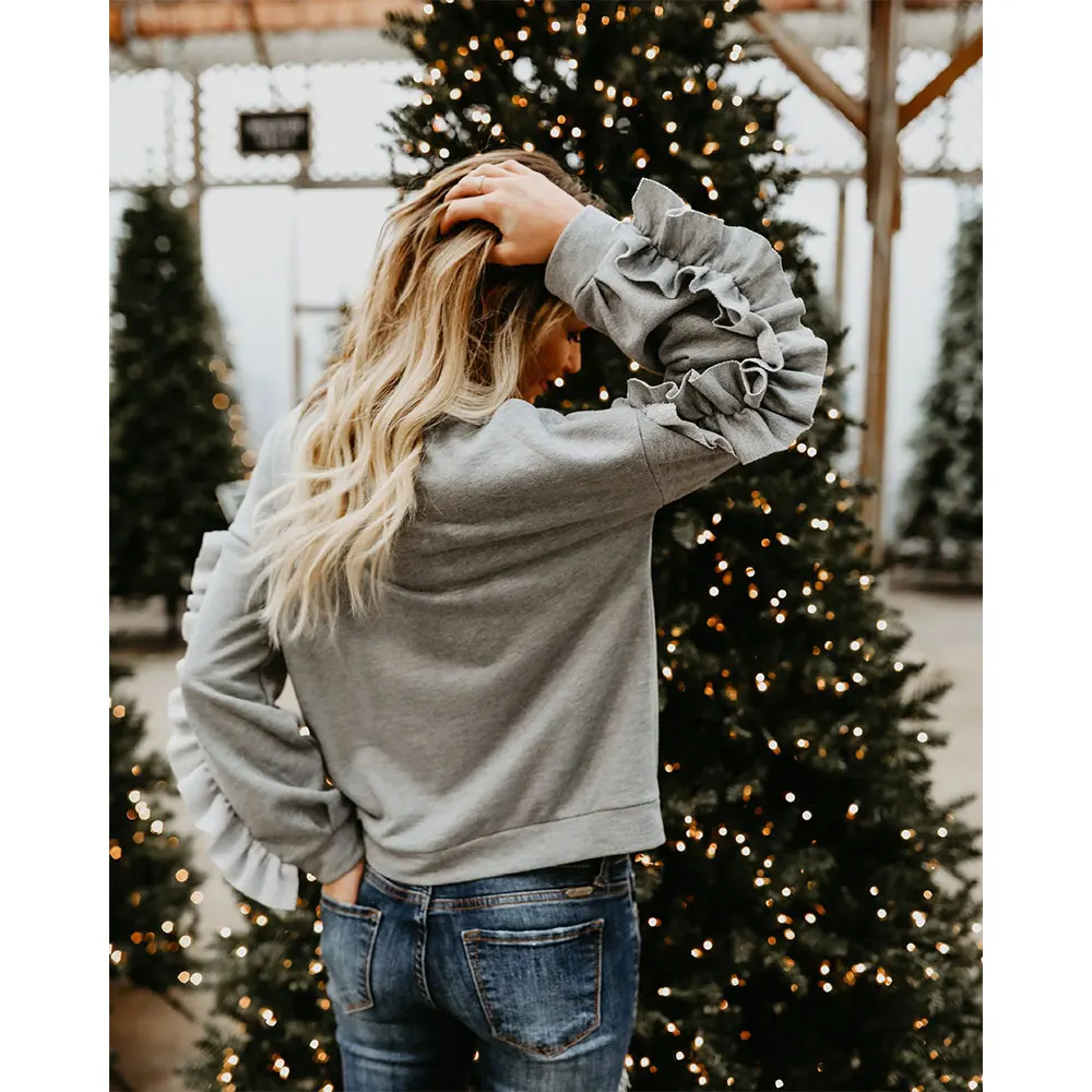 Женский Толстовка худи с оборками 2018 Топ осень зима экипажа средства ухода за