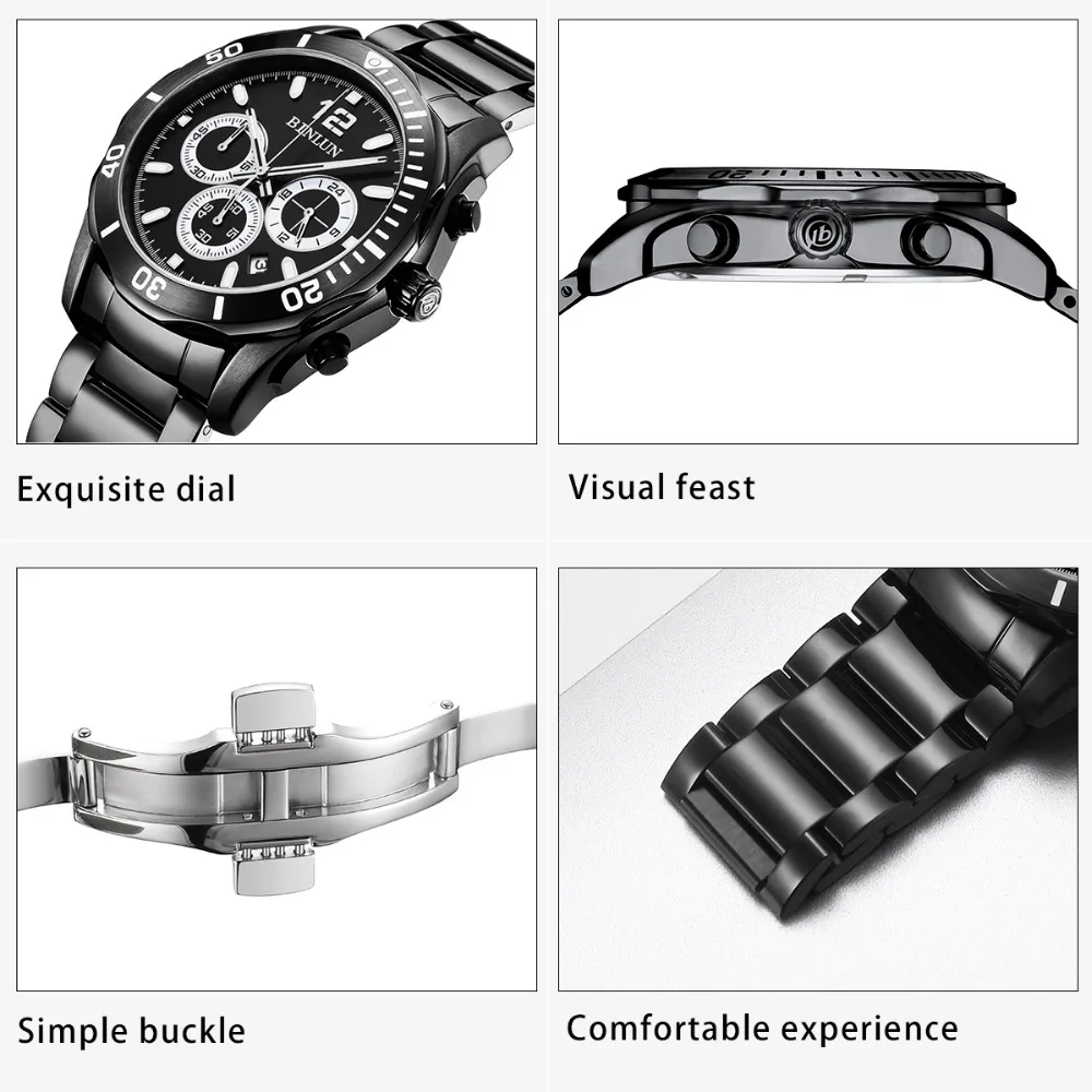 BINLUN Daytona часы мужские спортивные водонепроницаемые из нержавеющей стали