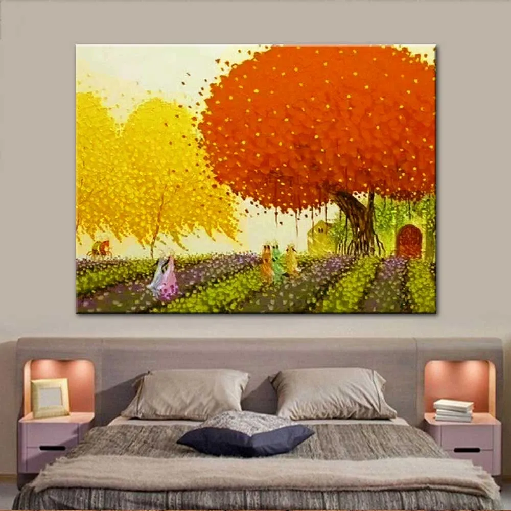 

Hand Painted Abstract Palette Knife Autumn Tree Landscape Canvas Oil Painting Knife Art Tree Wall Picture Living Room Home Decor