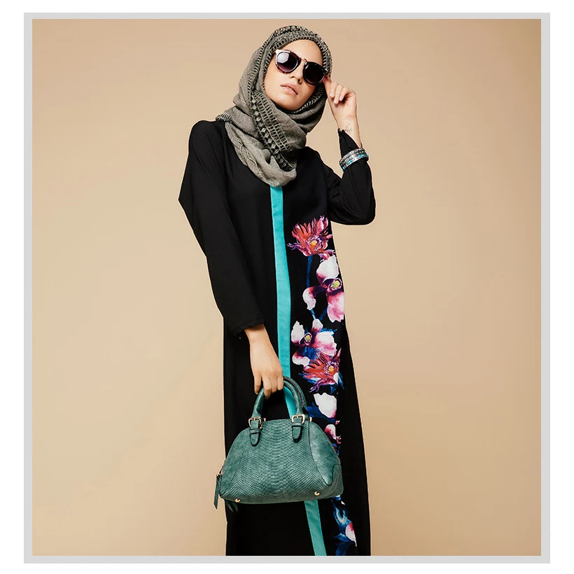 Women Flower Print Robe Muslim Arab Kaftan Dress Plus Size Dubai Clothes Turkish Style Black Maxi Islamic Abaya Casual Vestidos |