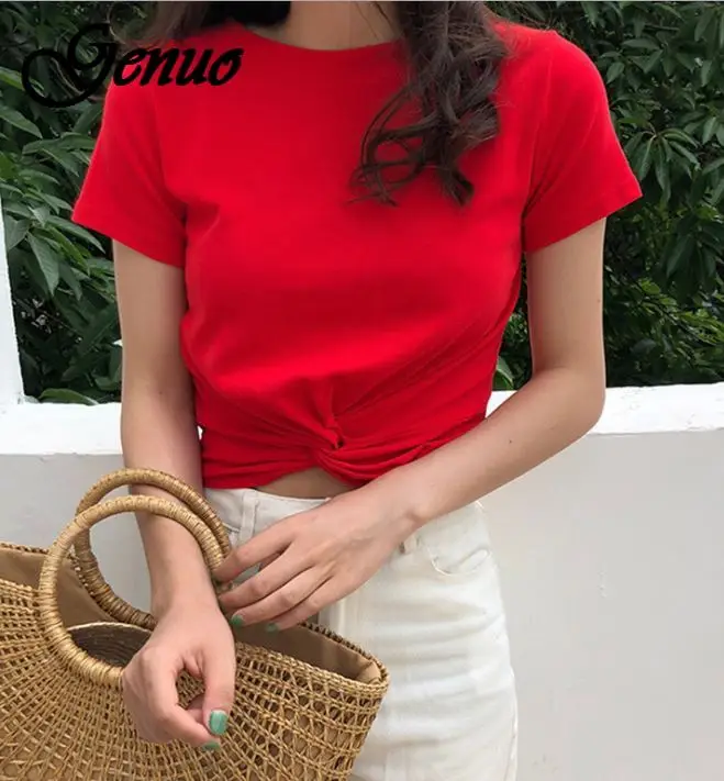 

2019 Korean New Brief Solid Summer T-Shirts Women Casual O-Neck Fashion Twist Knot White Short Sleeve T Shirts