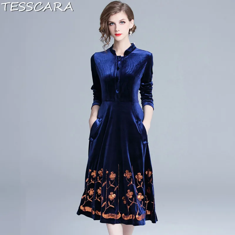 Женское осенне зимнее элегантное бархатное платье TESSCARA рубашка женское