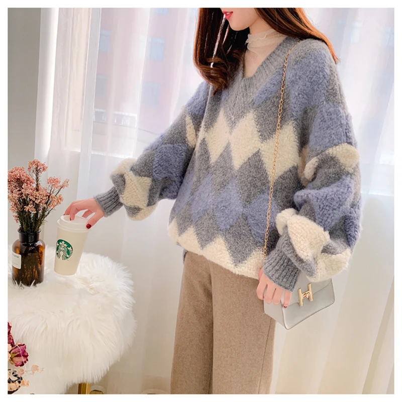 

HWLZLTZHT 2021 Female Pullovers Korean Style V-neck Sweater For Women Contrast Plaid Ladies Sweaters Autumn Knitted Pullovers