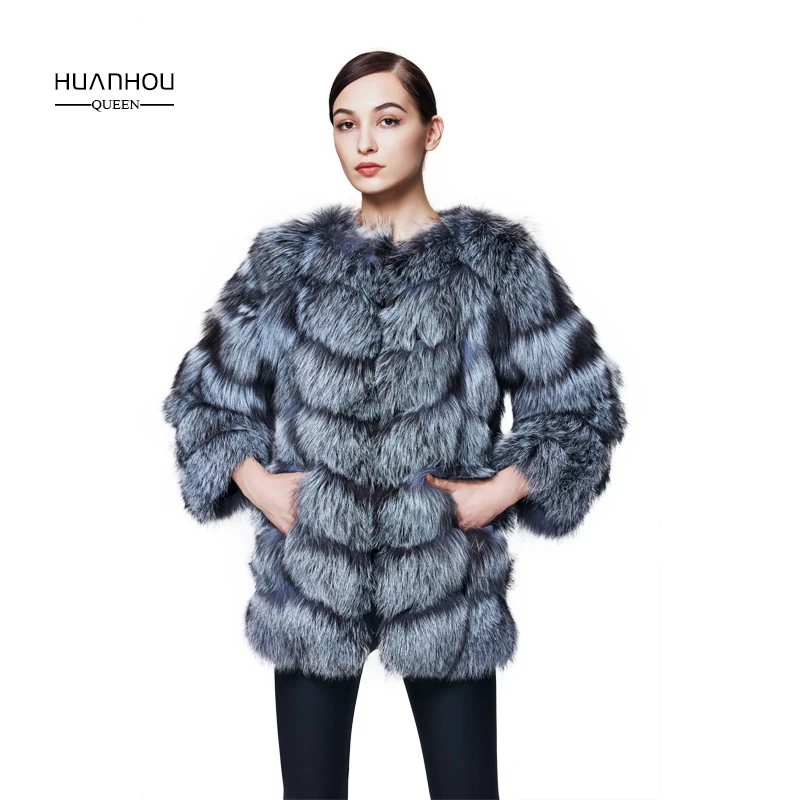 Королева huanhou настоящая природа Серебряная лисица пальто для женщин, с может съемными рукавами, теплое тонкое модное пальто