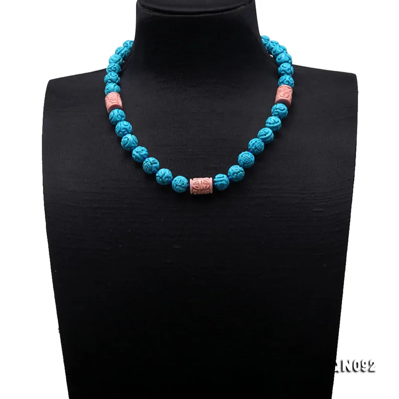 

JYX Turquoise Necklace Coral 11.5-12.5mm Blue Round Faceted Turquoise dotted 11.5*16mm Irregular Coral Necklace 20" gift mother