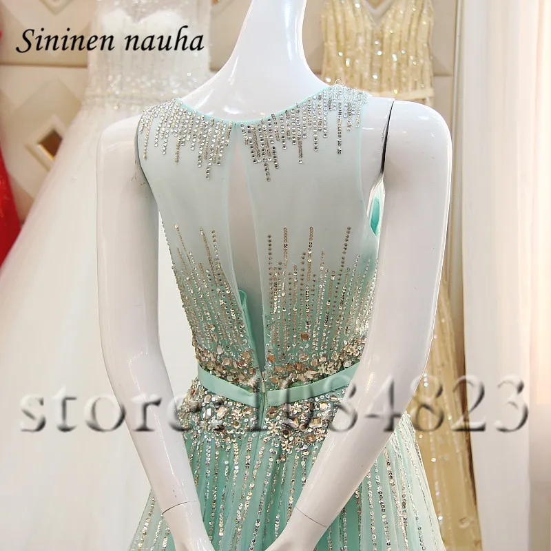 

Mint Long Evening Dresses for Women Formal Beaded Crystals A Line Tulle Wedding Prom Dress Vestidos De Festa Robe De Soiree 275