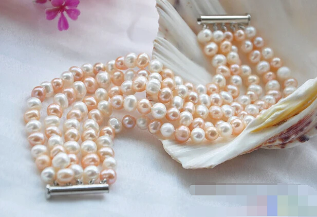 

FREE SHIPPING>>>@@ > 01241 5row 8" round pink white freshwater pearl bracelet